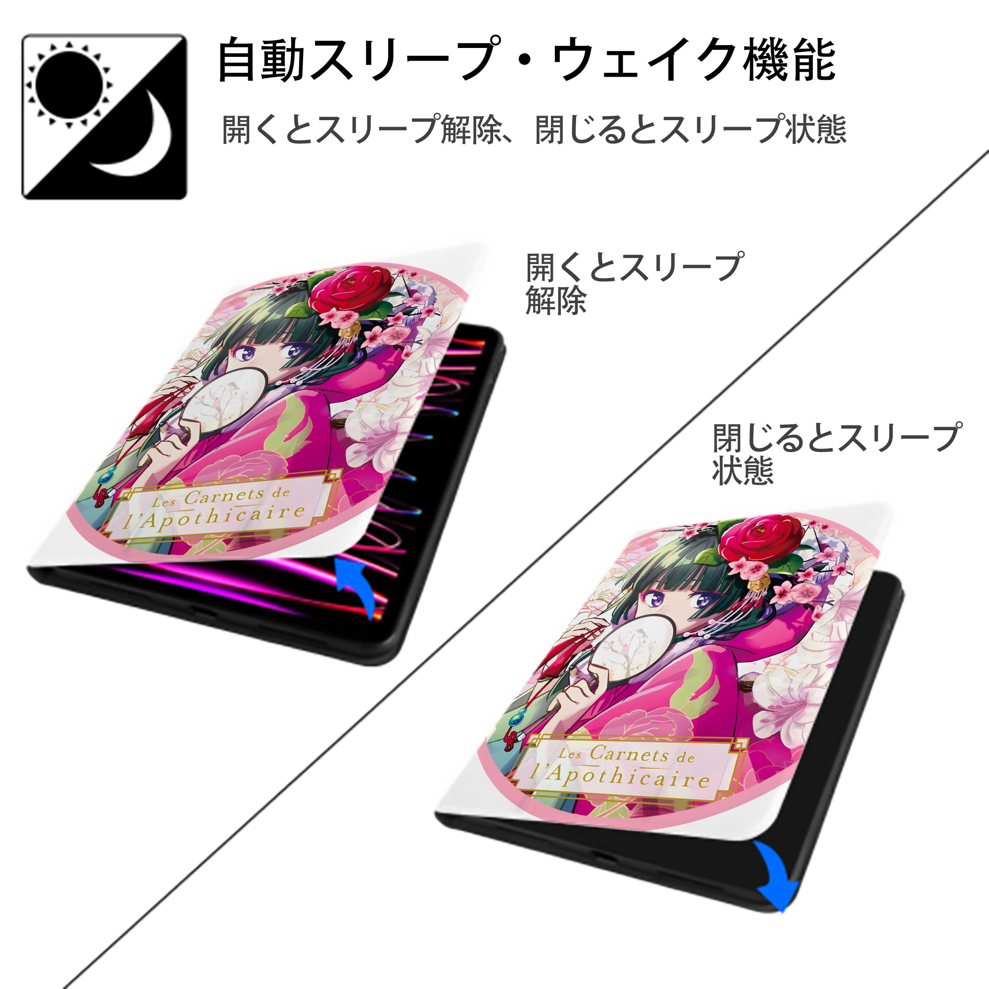 薬屋のひとりごと The Apothecary Diaries IPad ケース ペン収納付き 三つ折りスタンド PUレザー×シリコン 対応機種9.5/10.5/10.9インチ