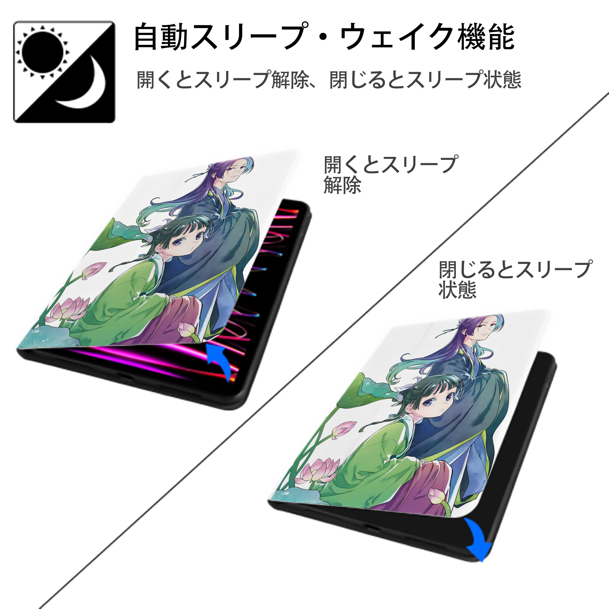薬屋のひとりごと The Apothecary Diaries IPad ケース ペン収納付き 三つ折りスタンド PUレザー×シリコン 対応機種9.5/10.5/10.9インチ