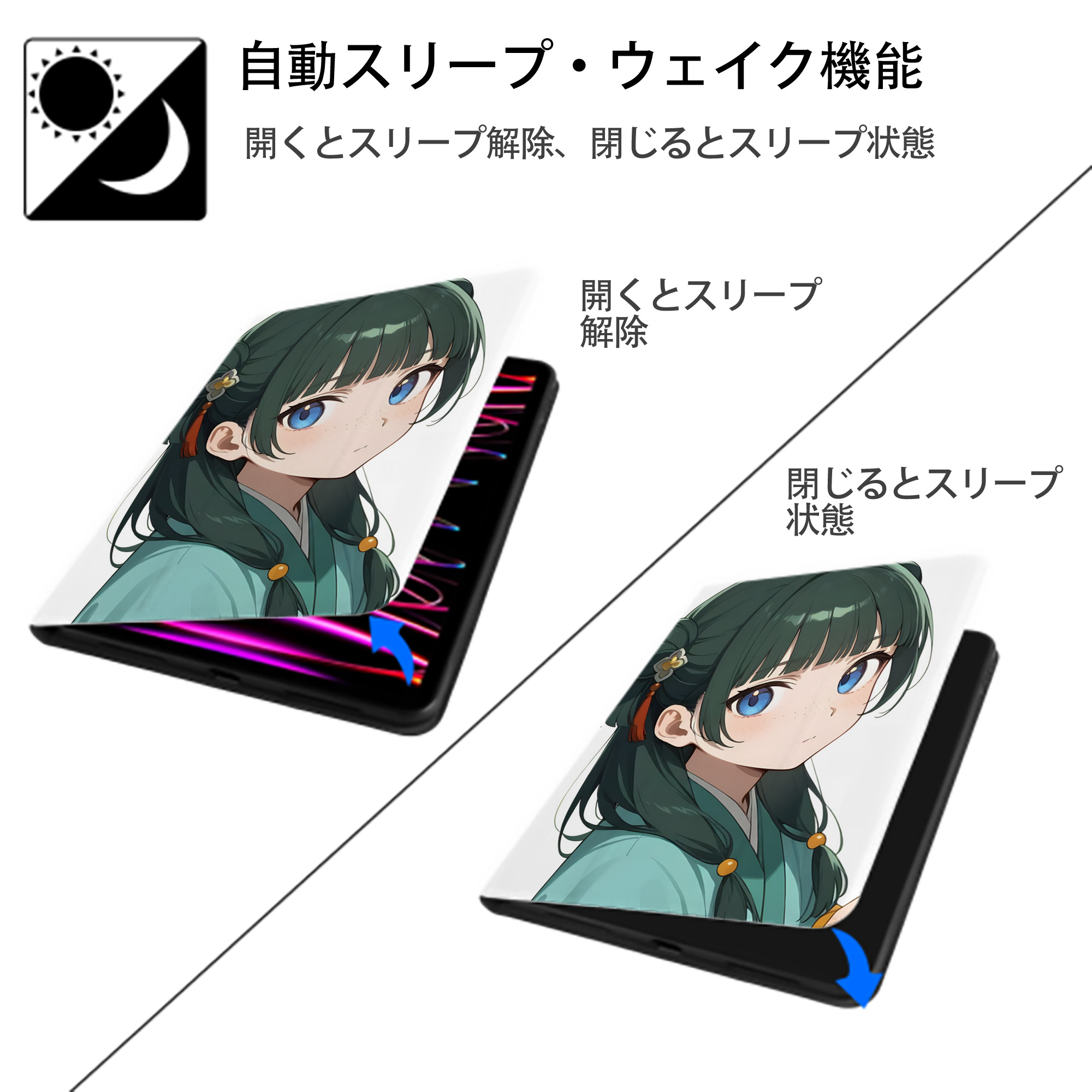 薬屋のひとりごと The Apothecary Diaries IPad ケース ペン収納付き 三つ折りスタンド PUレザー×シリコン 対応機種9.5/10.5/10.9インチ