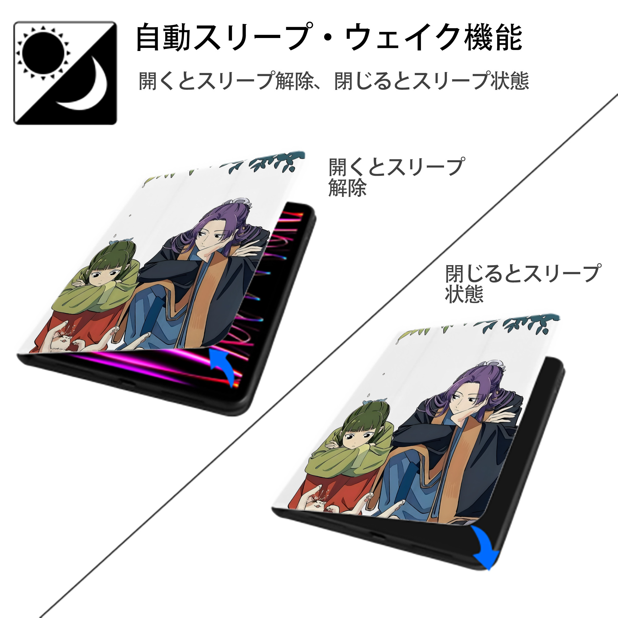 薬屋のひとりごと The Apothecary Diaries IPad ケース ペン収納付き 三つ折りスタンド PUレザー×シリコン 対応機種9.5/10.5/10.9インチ