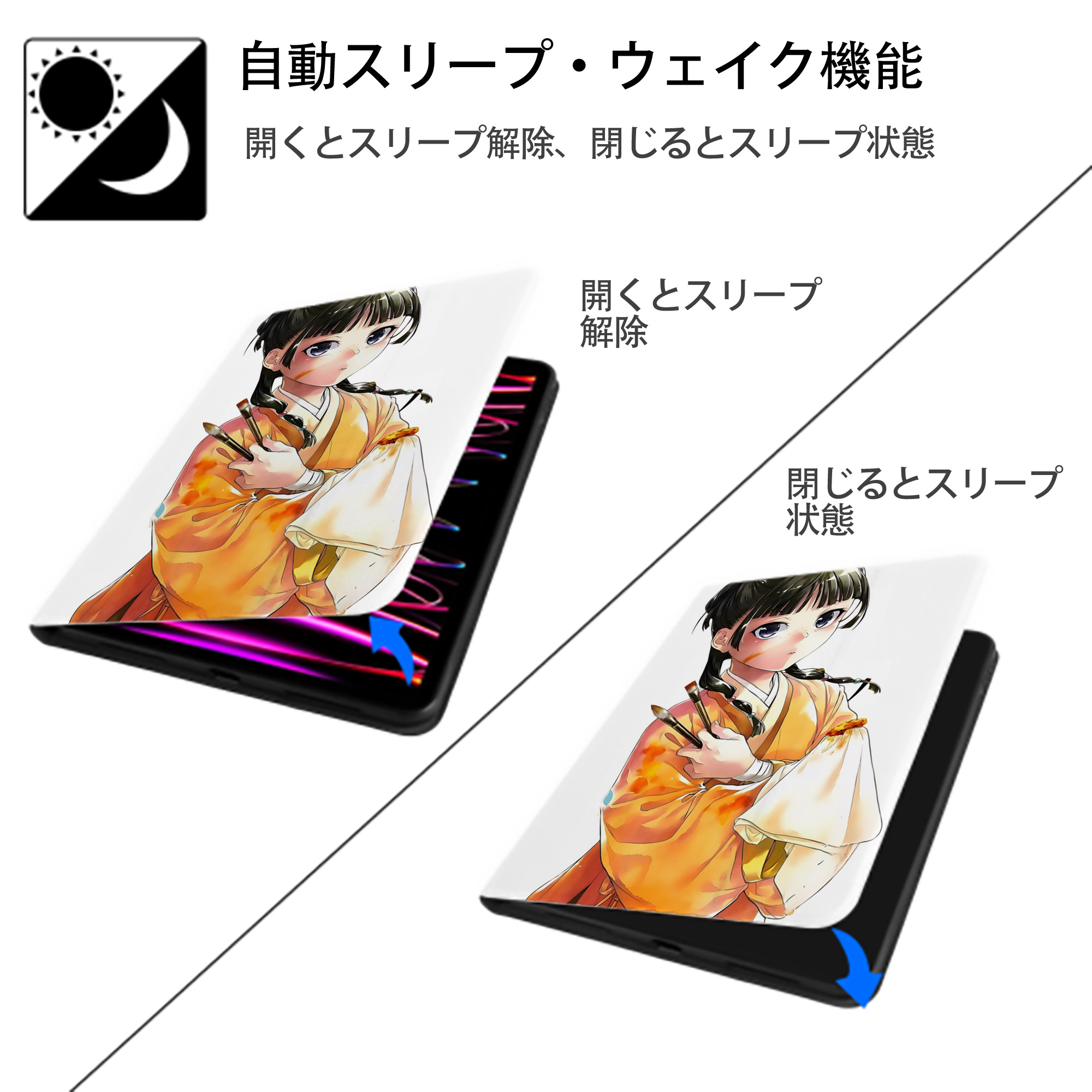 薬屋のひとりごと The Apothecary Diaries IPad ケース ペン収納付き 三つ折りスタンド PUレザー×シリコン 対応機種9.5/10.5/10.9インチ